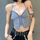 Butterfly Denim Cropped Halter Top