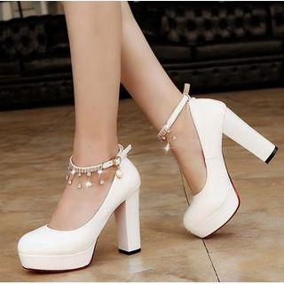 Chunky Heel Beaded Rhinestone Ankle Strap Shoes