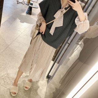Long-sleeve Dotted Tie-neck Midi A-line Dress