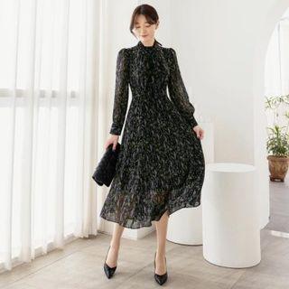 Mock-neck Floral Long Chiffon Dress