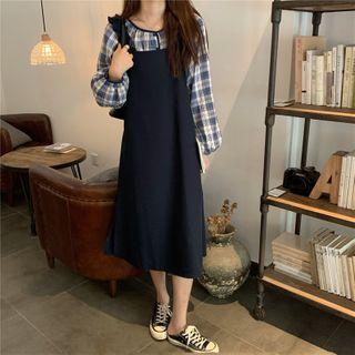Long-sleeve Plaid Blouse / A-line Midi Pinafore Dress