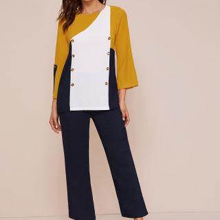 Set: Color-block Button Accent Tee + Wide Leg Pants