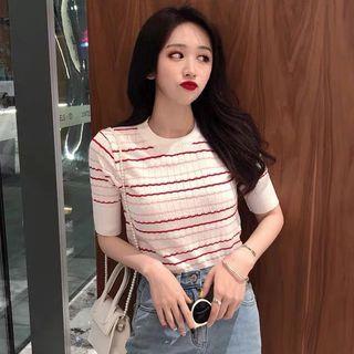 Striped Short-sleeve Knit Top / Straight Fit Jeans / Set