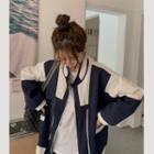 Stand-collar Color Block Long-sleeve Jacket Blue & White - One Size