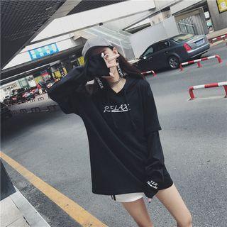 Mock Two-piece Printed Letter Embroidered Hoodie