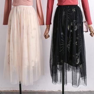 Glitter-embroidered Mesh Midi Skirt