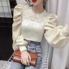 Puff-sleeve Lace Panel Knit Blouse