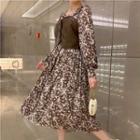Set: Puff-sleeve Floral Print Midi A-line Dress + Faux Leather Camisole Top