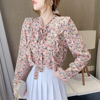 Bow-neck Floral Ruffle Trim Blouse
