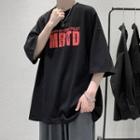 Round-neck Lettering Over-sized Elbow-sleeve T-shirt