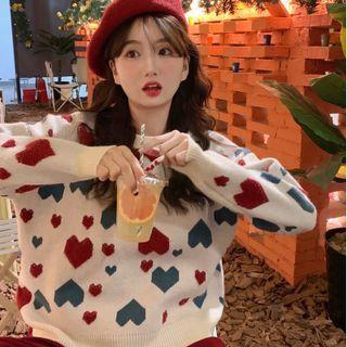 Heart Pattern Round Neck Sweater Red & Almond - One Size