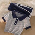 Short-sleeve Ribbed Polo Knit Top / Piped A-line Skirt