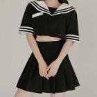 Set: Sailor-collar Short-sleeve Top + Pleated Mini Skirt