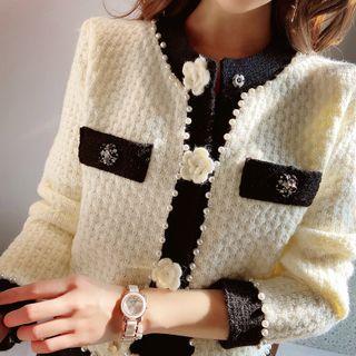 Flower Detail Beaded Contrast Trim Cardigan