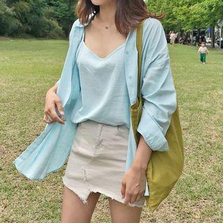Set: Spaghetti-strap Top + Plain Shirt