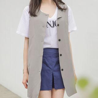 Button-front Chiffon-back Long Vest