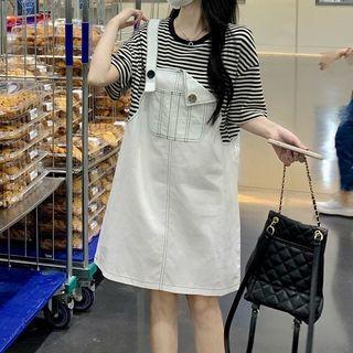 Short-sleeve Mock Two-piece Striped Mini Dress White - One Size