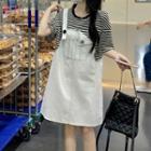Short-sleeve Mock Two-piece Striped Mini Dress White - One Size