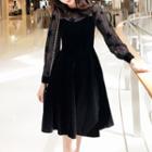 Long-sleeve Star Mesh Panel Mini A-line Velvet Dress