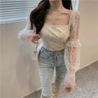 Mesh Panel Bell-sleeve Cropped Blouse Off-white - One Size