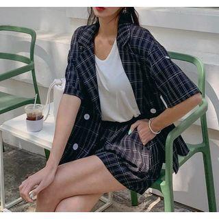 Set: Short-sleeve Plaid Blazer + Shorts