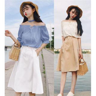 Short-sleeve Off-shoulder Chiffon Blouse / A-line Skirt