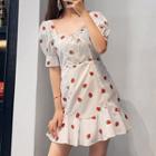 Puff-sleeve Lace-up Strawberry Print A-line Dress
