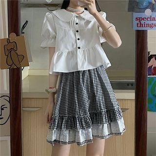 Peter-pan Collar Short-sleeve Blouse / Plaid Layered Skirt