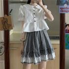 Peter-pan Collar Short-sleeve Blouse / Plaid Layered Skirt