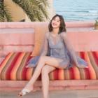 Set: Lace-up Swimsuit + Sequined Ruffled Cover-up