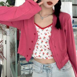 Floral Print Tank Top / Ruffle Trim Knit Cardigan