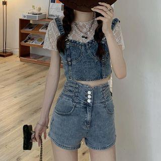 Denim Cropped Camisole Top / High-waist A-line Denim Shorts