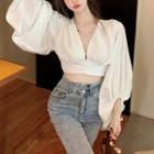 Balloon-sleeve V-neck Cropped Blouse