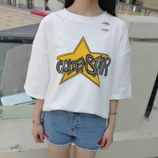 Print Cutout Elbow-sleeve T-shirt