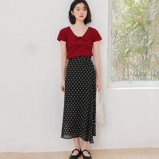Short-sleeve Bow Blouse / Dotted Midi A-line Skirt
