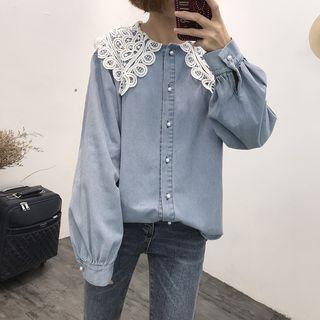 Lace Collar Denim Shirt Blue - One Size