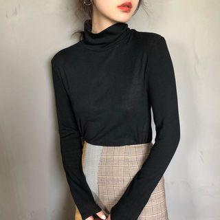 Turtle-neck Plain Long-sleeve Top