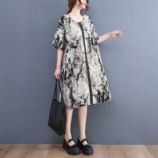 Elbow-sleeve Tie-dye Midi Smock Dress