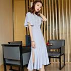 Faux Pearl Midi Chiffon Dress