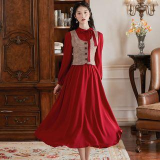 Flower Embroidered Long-sleeve Midi A-line Dress / Plaid Button Vest / Set