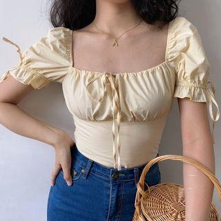Plain Ruffle Trim Short-sleeve Square-neck Cropped Blouse