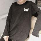 Long-sleeved Cat Embroidered T-shirt