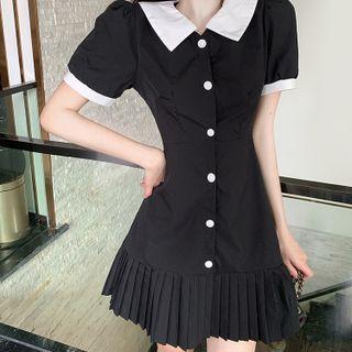 Puff-sleeve Single Breasted Pleated Dress