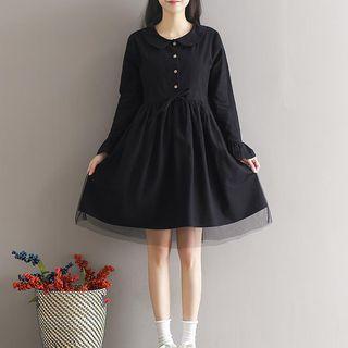 Long-sleeve Drawstring Tulle-overlay Shirtdress