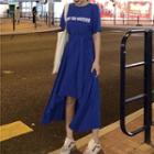 Lettering Short-sleeve Asymmetrical T-shirt Dress With Sash