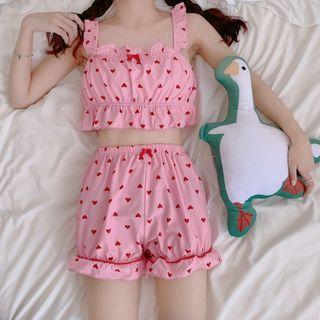 Heart Print Sleeveless Sleep Dress / Cropped Sleep Top / Shorts