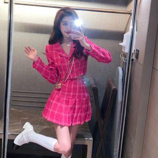 Set: Cropped Plaid Open-collar Jacket + Pleated Mini A-line Skirt