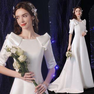 Short-sleeve Bow Accent Sheath Evening Gown