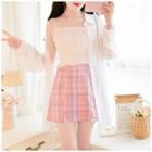 Set: Long-sleeve Chiffon Shirt + Spaghetti Strap Top + Plaid Mini Skirt