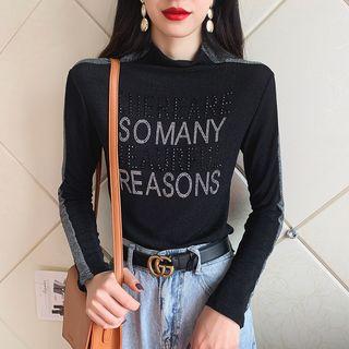 Mock-turtleneck Rhinestone Lettering Glitter Top